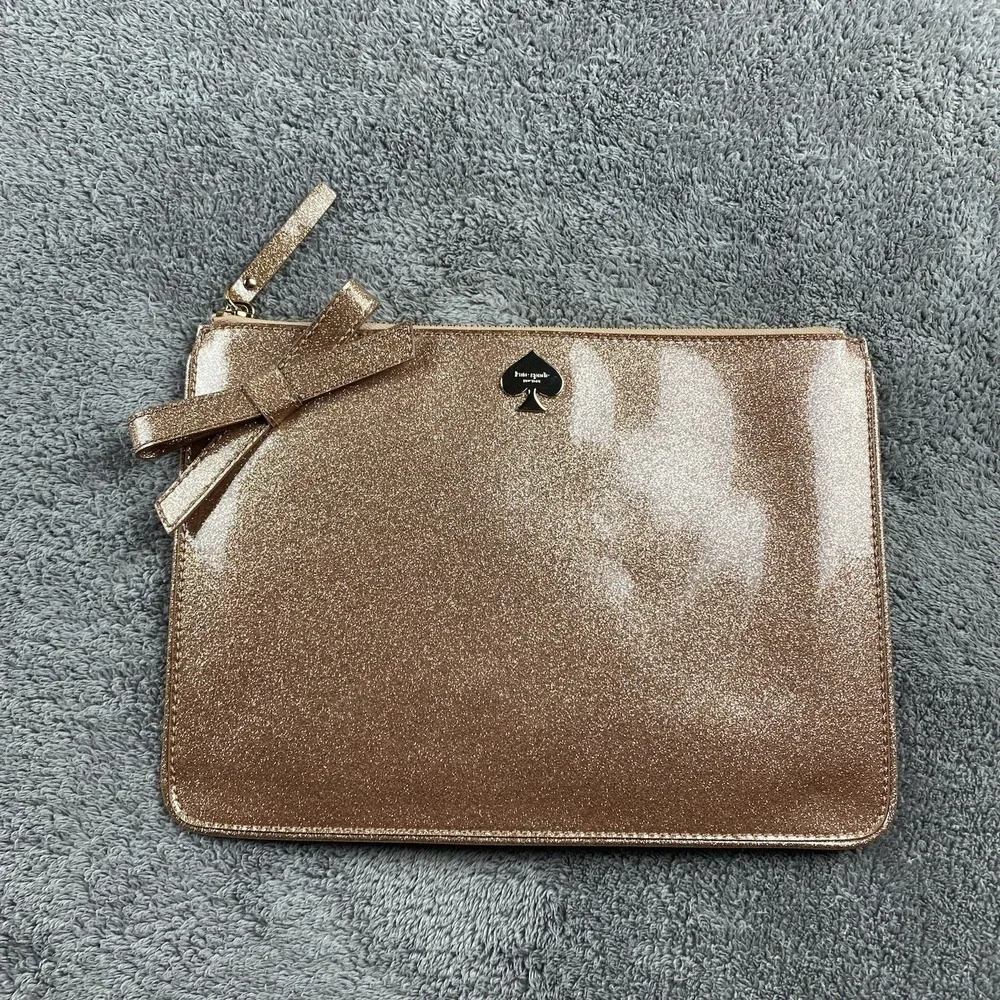 Kate Spade Rose Gold Glitterbug Glitter Flat Zipper Pouch Case‎ Clutch Bag New